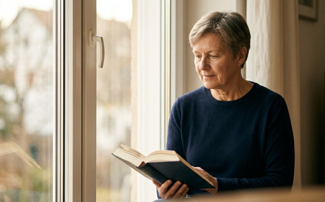 Frau Anfang 60 liest ruhig am Fenster — innere Klarheit und Sinn im Ruhestand mit HeySixty