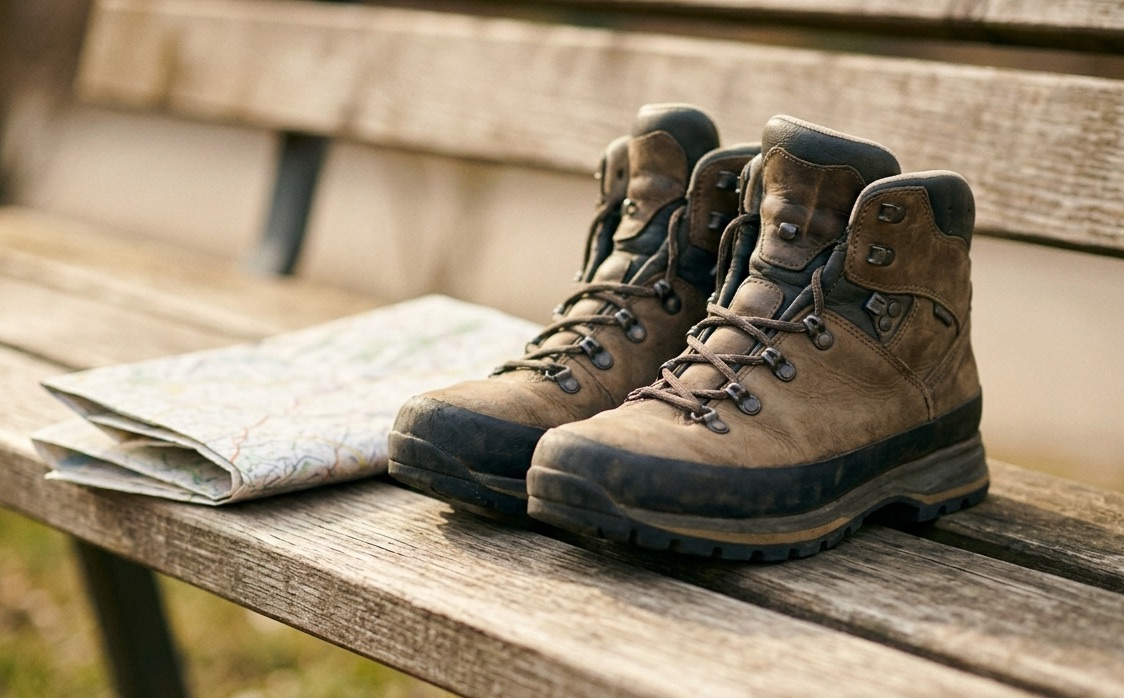 Wanderschuhe und Landkarte auf einer Holzbank — Gesundheit, Energie und ein Plan für den Ruhestand mit HeySixty